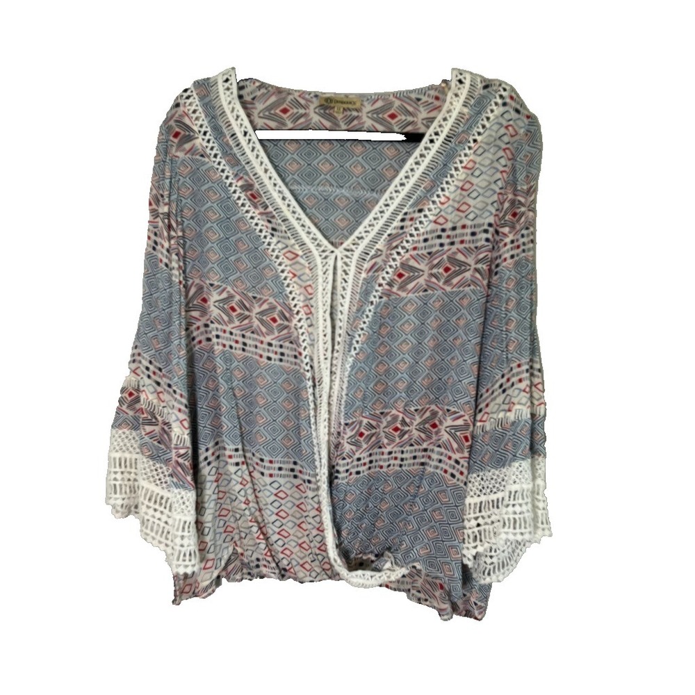 Colorful Chevron Top 3X Cottage Festival Boho Indie Folk Peasant Patriotic Chic